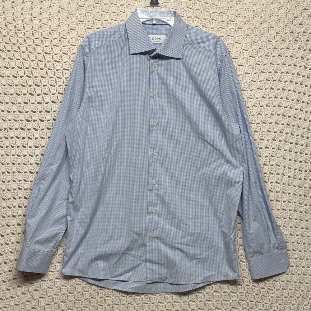 Eton Dress Shirt Mens 42 16.5 Blue Check Contemporary Blue 100% Cotton